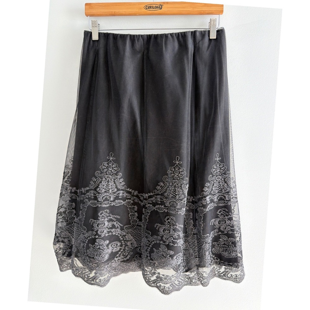 Soft Surroundings Black Mesh Embroidered Lace Trim Midi Skirt Small - Picture 1 of 10